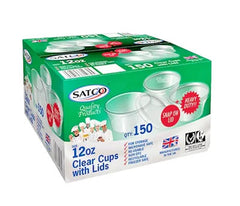 150 X Satco 12oz Round Plastic Cups With Lids For Restaurant Catering Takeaway