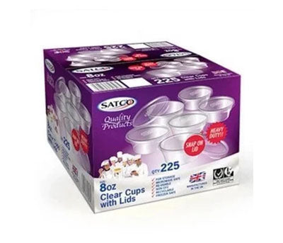 255 X Satco 8oz Round Plastic Cups With Lids For Restaurant Catering Takeaway