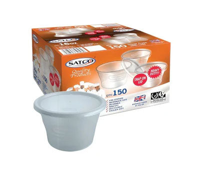 150 X Satco 16oz Round Plastic Cups With Lids For Restaurant Catering Takeaway