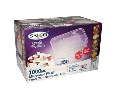 1000ml x 250 SATCO CLEAR PLASTIC FOOD CONTAINER WITH LIDS MICROWAVE/FREEZER SAFE