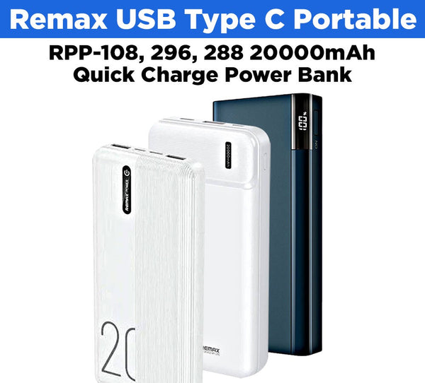 Remax RPP-108, 192, 296, 288 20000mAh USB Type C Portable Quick Charge Power Bank