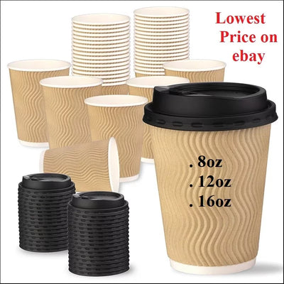 8oz, 12oz, 16oz Disposable Coffee Cups With Lids Insulated Paper Ripple Wall Cup