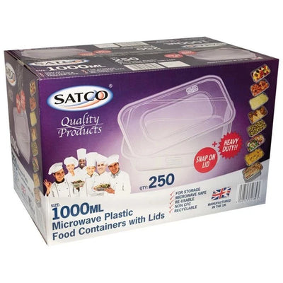 1000ml x 250 SATCO CLEAR PLASTIC FOOD CONTAINER WITH LIDS MICROWAVE/FREEZER SAFE
