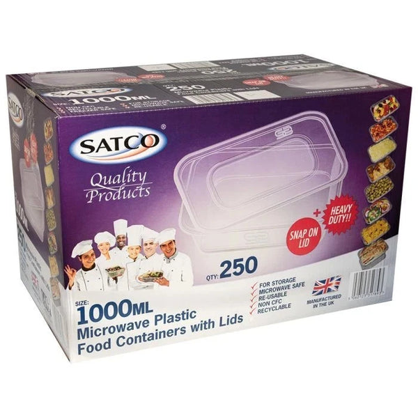 1000ml x 250 SATCO CLEAR PLASTIC FOOD CONTAINER WITH LIDS MICROWAVE/FREEZER SAFE