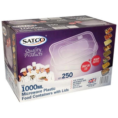 1000ml x 250 SATCO CLEAR PLASTIC FOOD CONTAINER WITH LIDS MICROWAVE/FREEZER SAFE