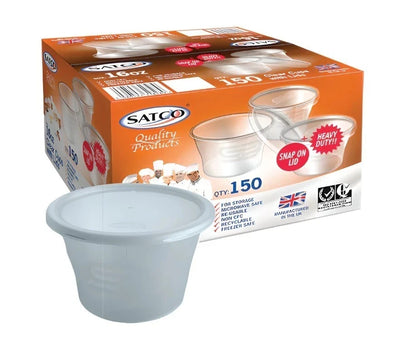 150 X Satco 16oz Round Plastic Cups With Lids For Restaurant Catering Takeaway