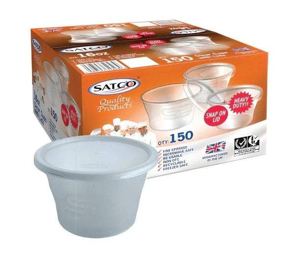 150 X Satco 16oz Round Plastic Cups With Lids For Restaurant Catering Takeaway