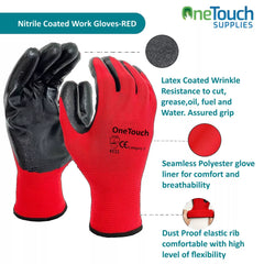 6 Pairs PREMIUM NITRILE COATED Red Nylon Work Gloves Builders Gardening Grip