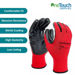 6 Pairs PREMIUM NITRILE COATED Red Nylon Work Gloves Builders Gardening Grip