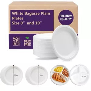 Bagasse Plates White Food Disposable Party Paper Biodegradable 100% Compostable