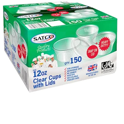 150 X Satco 12oz Round Plastic Cups With Lids For Restaurant Catering Takeaway