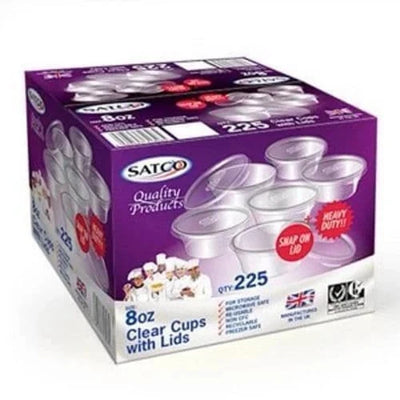 255 X Satco 8oz Round Plastic Cups With Lids For Restaurant Catering Takeaway